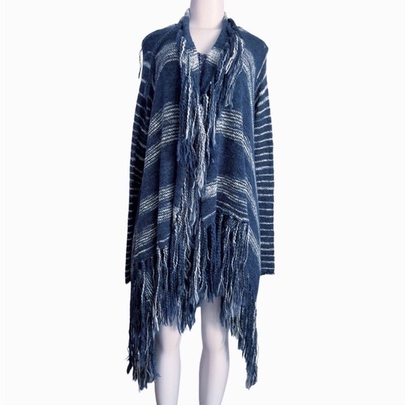 Anthro Yellow Bird Wool Alpaca Fringe Waterfall Stripe Blanket Cardigan Sweater - Picture 2 of 11